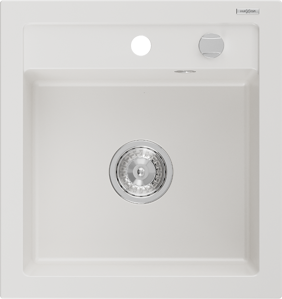 Mexen Vito granitais izlietne ar vienu kameru 520 x 490 mm, balta, hroma sifons - 6503521000-20